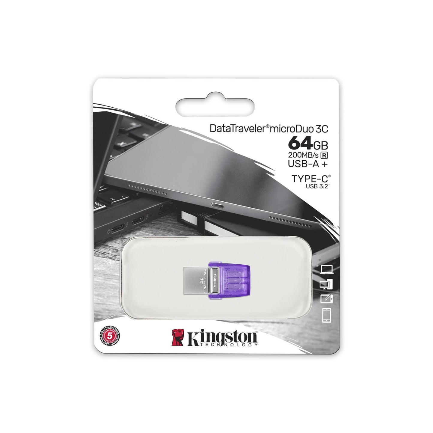 Kingston 64GB DataTraveler MicroDuo 3C 200MB/s Dual USB-A And USB-C Flash Drive Silver