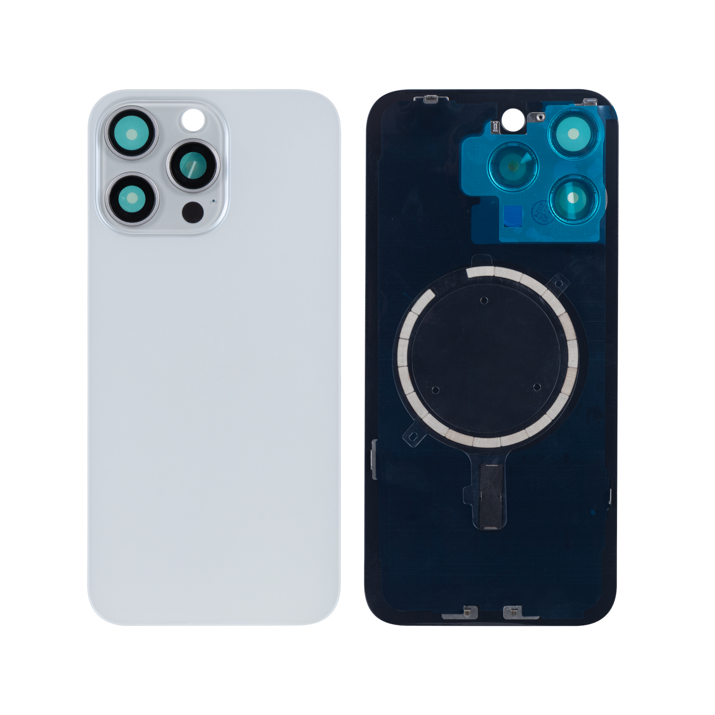 For Apple iPhone 15 Pro Max Back Glass Without NFC, Enlarged Camera Frame White Titanium Compatible