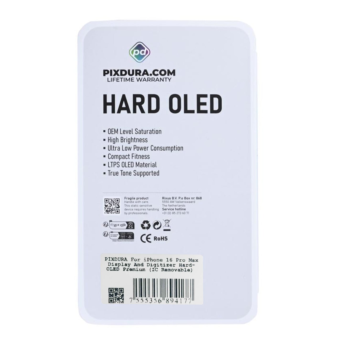 PIXDURA For Apple iPhone 16 Pro Max Display And Digitizer Hard-OLED Premium (IC Removable) (90Hz)