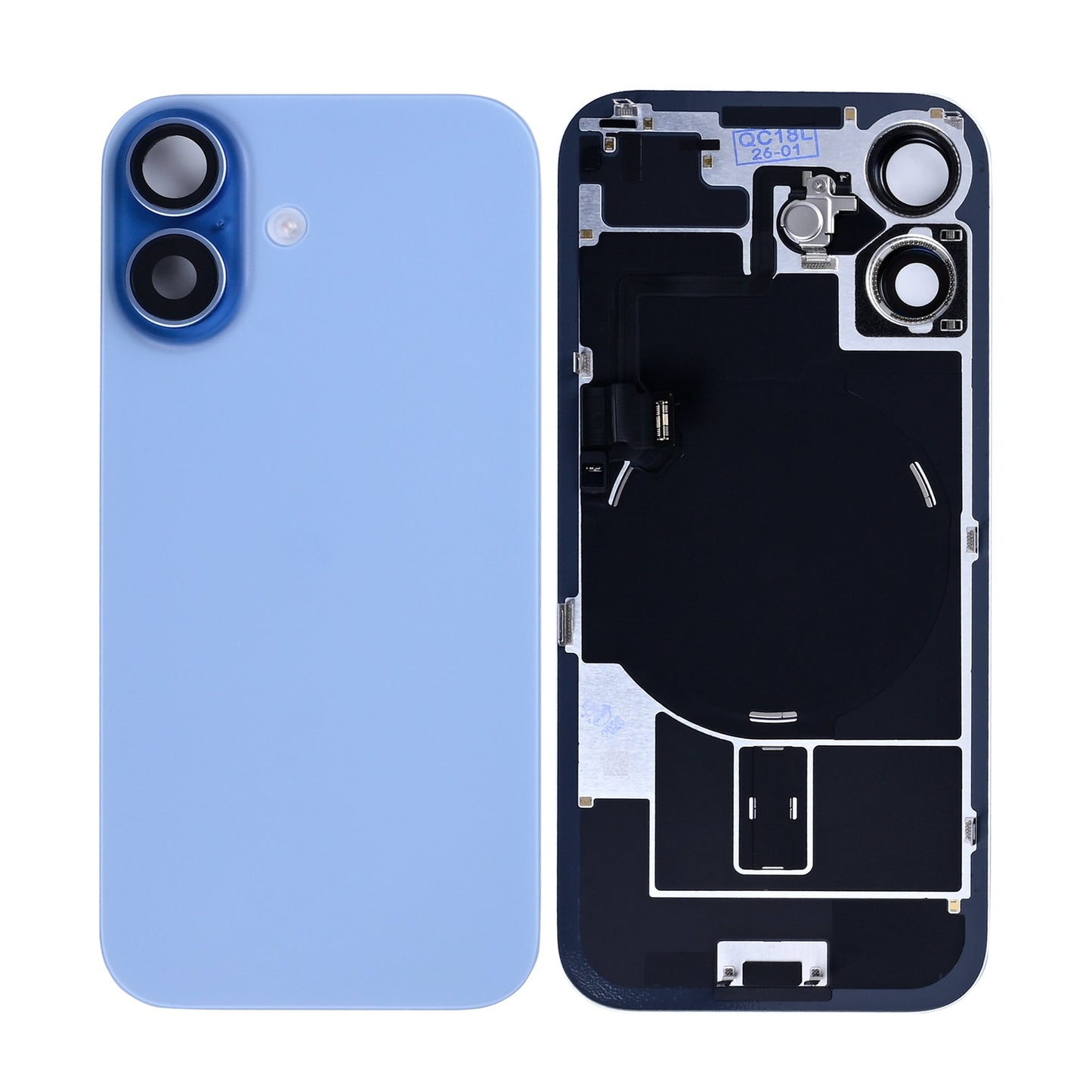 For Apple iPhone 17 Back Glass With NFC, Enlarged Camera Frame Mist Blue Pulled