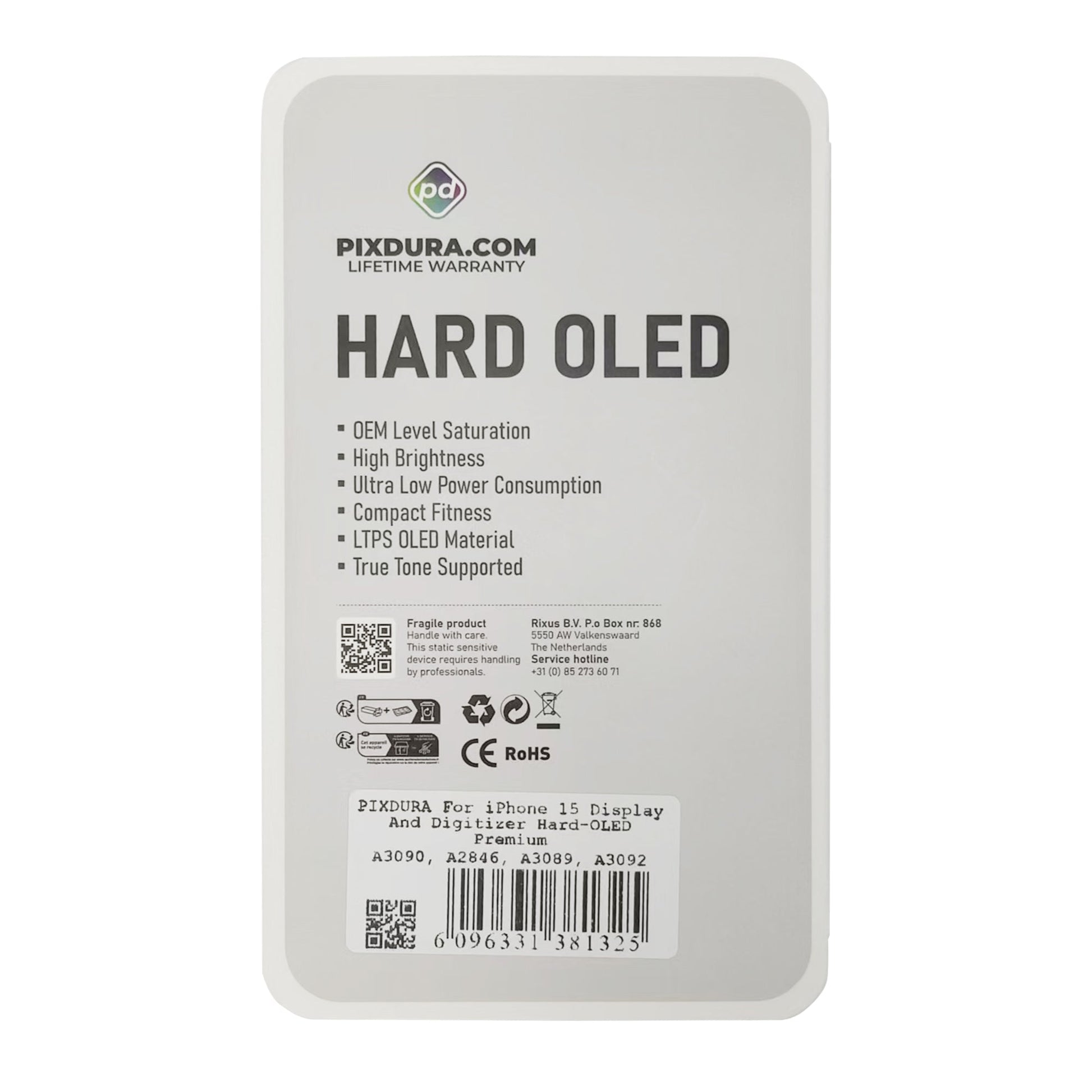 PIXDURA For Apple iPhone 15 Display And Digitizer Hard-OLED Premium (IC Removable) (90Hz)