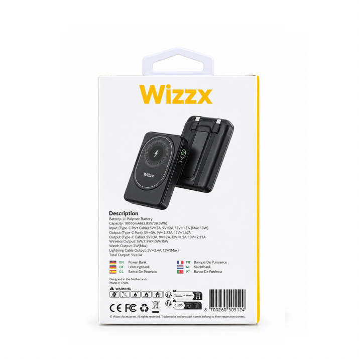 Wizzx Powerbank Magnetic Wireless incl. Cable 10.000 mAh WZX-PB1 - Zwart